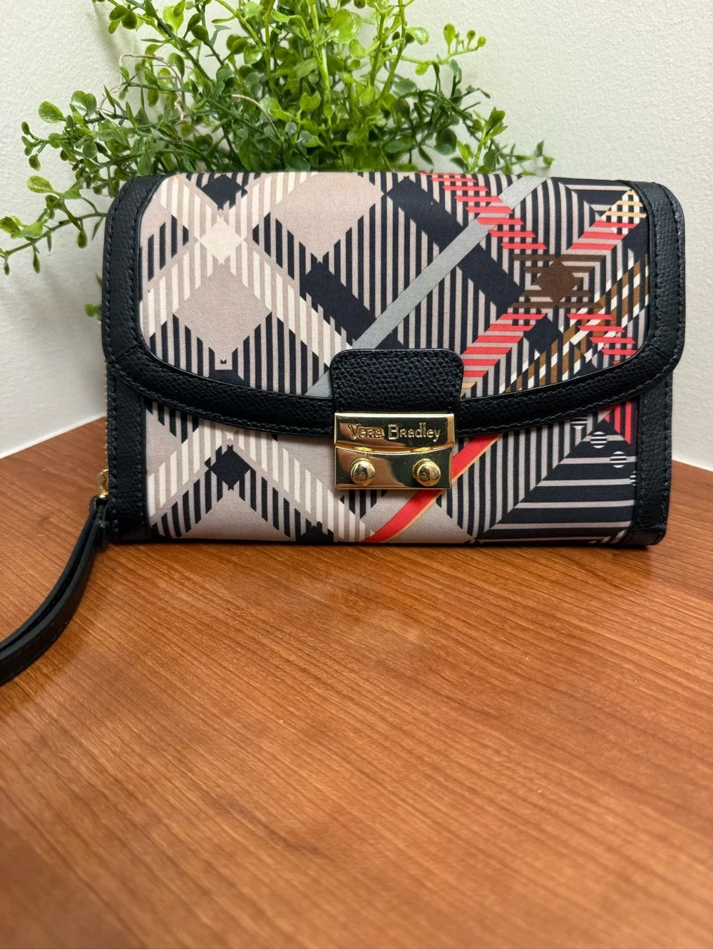 Vera Bradley Sofia Ultimate Wristlet Clutch Wallet Plaid Push Lock Gold NWOT ok